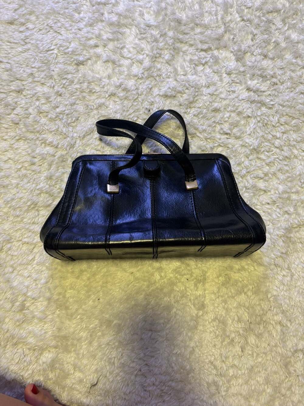 Vintage 1960s Black Leather Frame Handbag with Gold-Tone Clasp